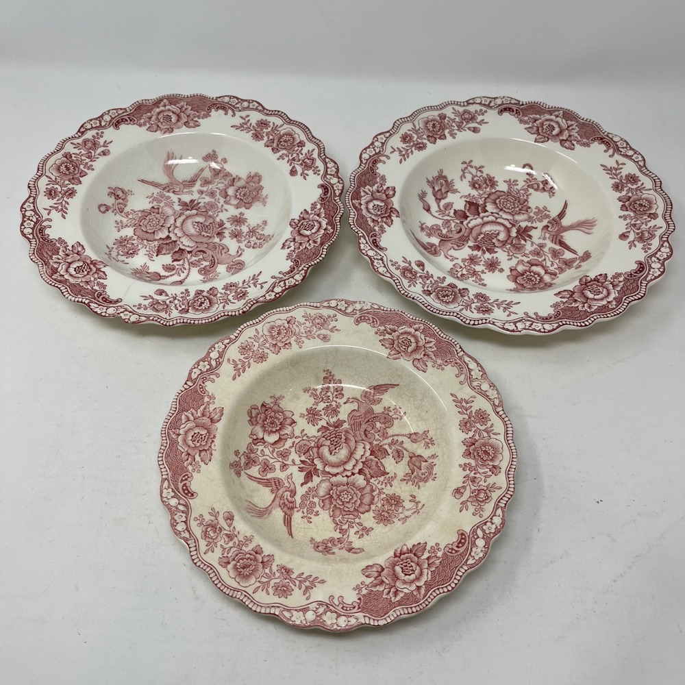 Crown Ducal Bristol Red Transferware Soup Bowls Set of 3 Birds Floral England